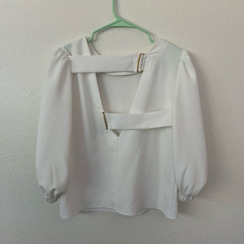 Tibi White Blouse Shirt 3/4 Puff Sleeve Partial Open Back Straps - Picture 4 of 11